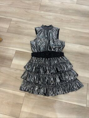 1. State Shimmery Silver Tiered Ruffle Mini Dress with Black Waistband